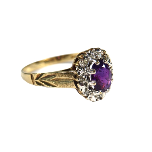 340 - 9ct Yellow Gold Ring set with a central  Amethyst and surrounded by Melee Diamonds.  Finger size 'O'... 