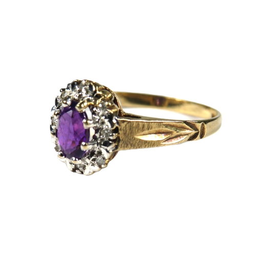 340 - 9ct Yellow Gold Ring set with a central  Amethyst and surrounded by Melee Diamonds.  Finger size 'O'... 