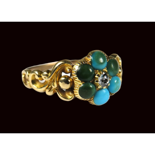 349 - Interesting Victorian Ring set with Central Cushion cut old Diamond and discoloured Turquoise. Fancy... 