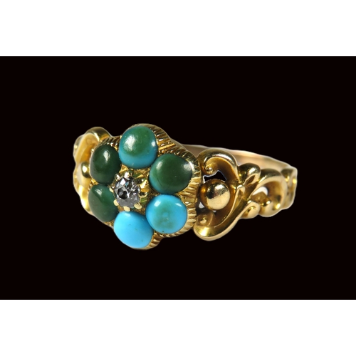 349 - Interesting Victorian Ring set with Central Cushion cut old Diamond and discoloured Turquoise. Fancy... 