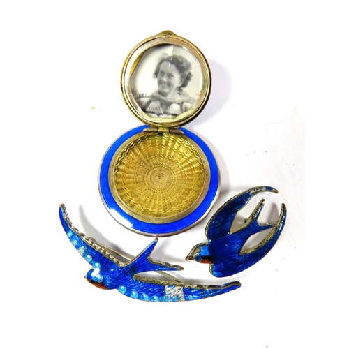 357 - Pretty Metal and enamel Guilloche mini compact plus two Bluebird badges together with lucite Cigaret... 