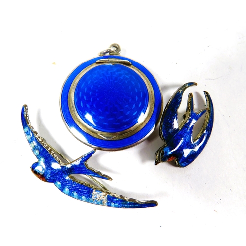 357 - Pretty Metal and enamel Guilloche mini compact plus two Bluebird badges together with lucite Cigaret... 