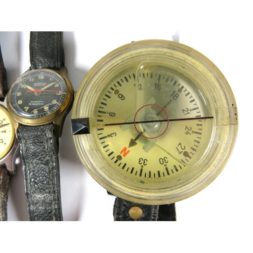 366 - Vintage compass (AK39) plus Three vintage watches, two in running order. See photos.