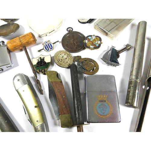 378 - Mixed lot of treasures to include penknives, 1951 Winterton Show medal, Zippo Lighter HMS Hermione. ... 