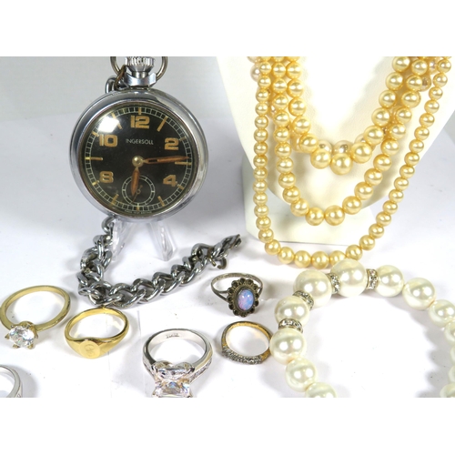 387 - Good Mixed Jewellery lot to include Faux pearls, Costume Rings plus a  Chrome cased Pocket watch in ... 