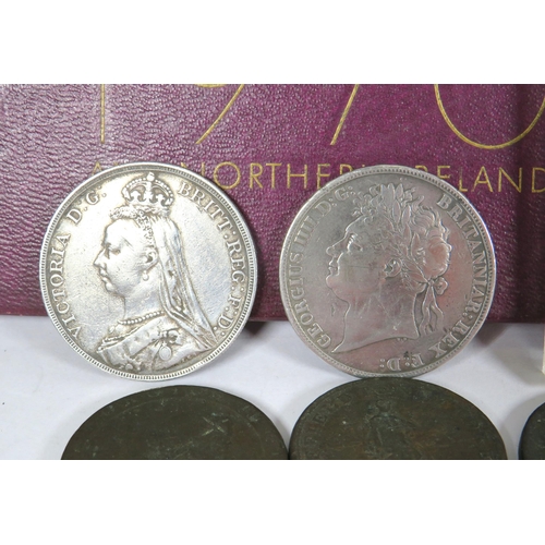 390 - 1970 Mint UK Coin set plus Victorian 1889 Crown, George IVth Crown 1891 together Marie Theresa restr... 