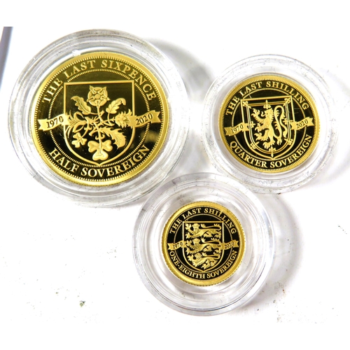 394 - Boxed Commemorative set of 22ct Gold Half, Quarter and Eighth Sovereign to commemorate last Shilling... 