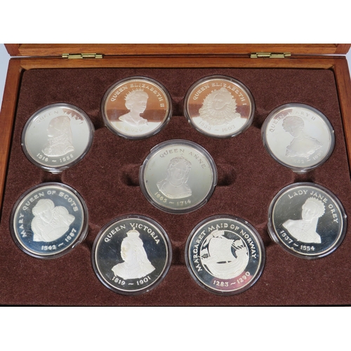 400 - Full Set of Nine 925 Silver Coins (Queens of the British Isles) in Mahogany Case.   Each Medal 44.6g... 