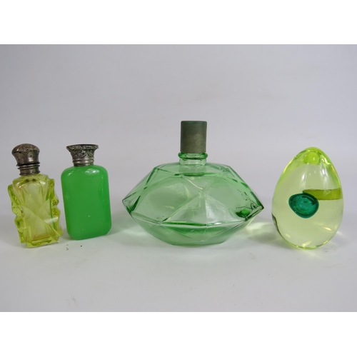 121 - 3 Uranium glass scent bottles and a paperweight by Murano.