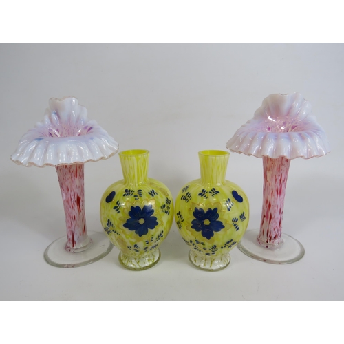 122 - Two opaline vintage jack in the pulpit vases and 2 uranium splatter glass vases, some chips to the r... 