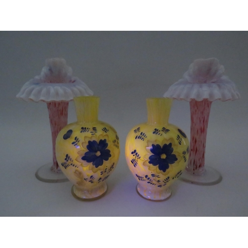 122 - Two opaline vintage jack in the pulpit vases and 2 uranium splatter glass vases, some chips to the r... 