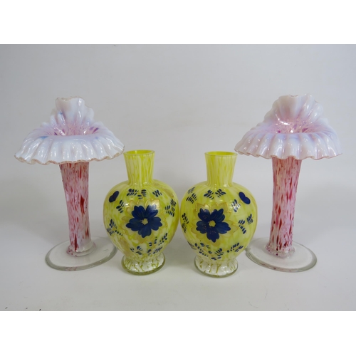 122 - Two opaline vintage jack in the pulpit vases and 2 uranium splatter glass vases, some chips to the r... 