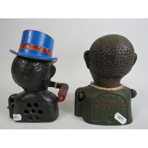 130 - Two Vintage cast iron Jolly man money boxes. Each money box is approx 6.5 inches tall.