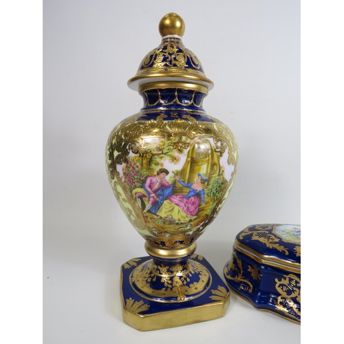 69 - Roselle OCC & Co Staffordshire lidded vase and large trinket in cobalt blue with gilt decoration and... 