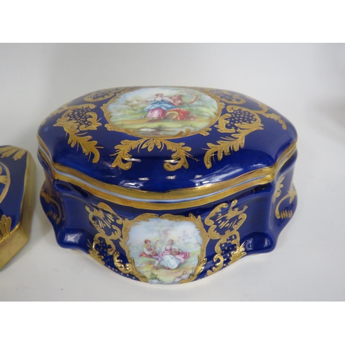 69 - Roselle OCC & Co Staffordshire lidded vase and large trinket in cobalt blue with gilt decoration and... 