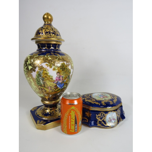 69 - Roselle OCC & Co Staffordshire lidded vase and large trinket in cobalt blue with gilt decoration and... 