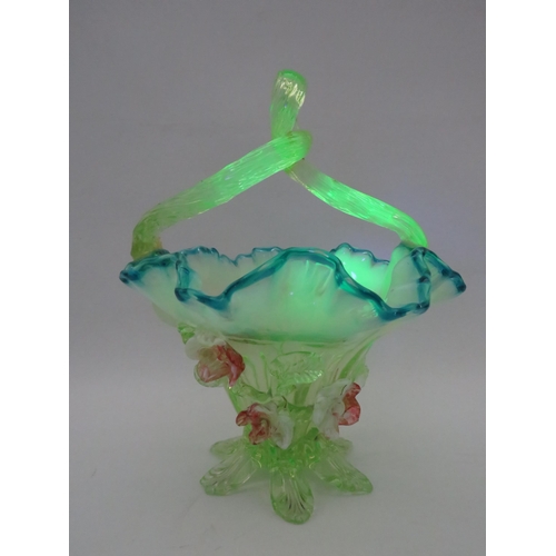 74 - Large Victorian uranium glass basket with applied flowers and opaline rim, approx 26cm tall & 21cm d... 