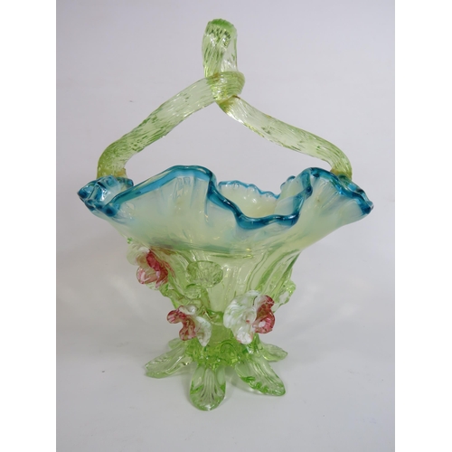 74 - Large Victorian uranium glass basket with applied flowers and opaline rim, approx 26cm tall & 21cm d... 