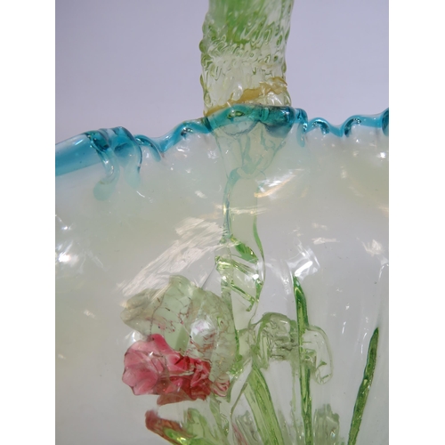 74 - Large Victorian uranium glass basket with applied flowers and opaline rim, approx 26cm tall & 21cm d... 