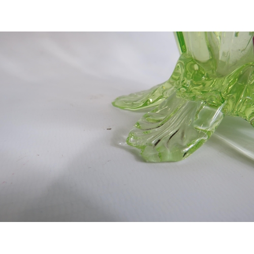 74 - Large Victorian uranium glass basket with applied flowers and opaline rim, approx 26cm tall & 21cm d... 