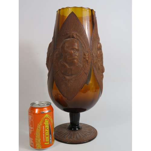 86 - Vintage leather embossed amber glass tall goblet Don quixote. 36cm tall.