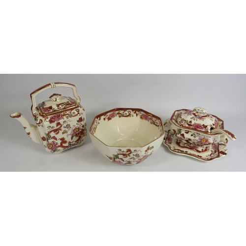 96 - Masons Ironstone Red Mandalay Fruit bowl, large teapot and saucer tureen with ladel.