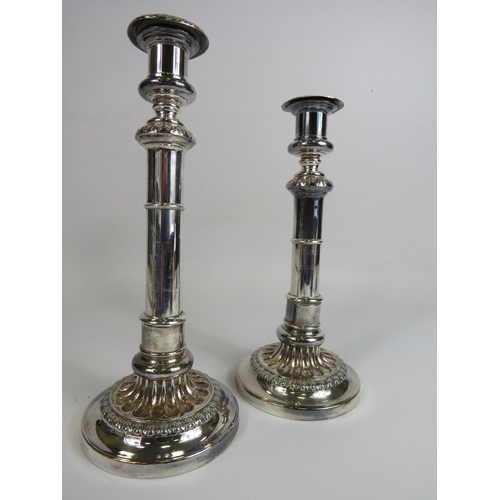 97 - Near pair of silver plated extending candle sticks, 21cm lowest & extended 28cm.