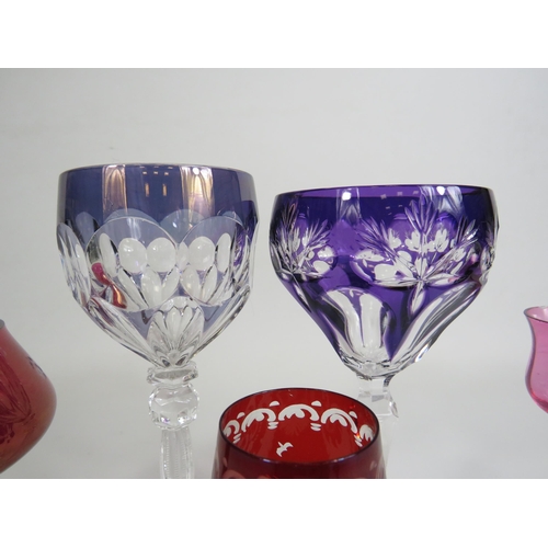 133 - Selection of glasses including Bohemian cut to clear hock glasses. Small pink glass do have chips to... 