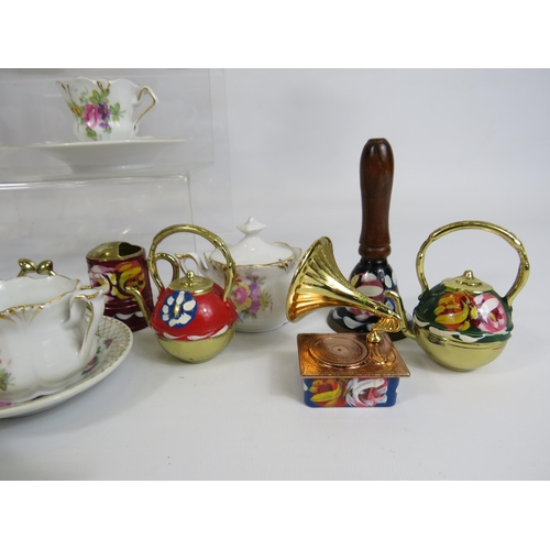 156 - Selection of Miniature teaset and mini barge ware items in ceramics and brass.