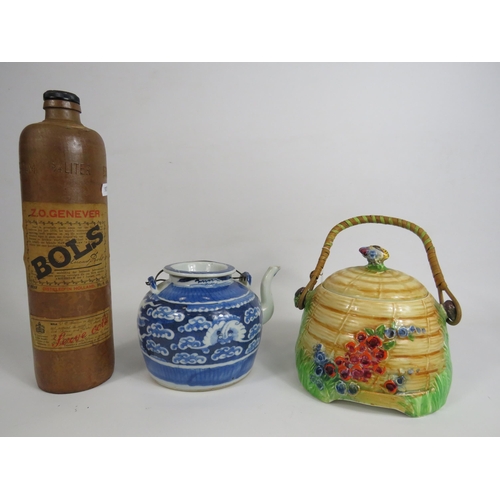 190 - Mixed lot to include a Royal Winton biscuit jar, stoneware Bols bottle and a chinese teapot.