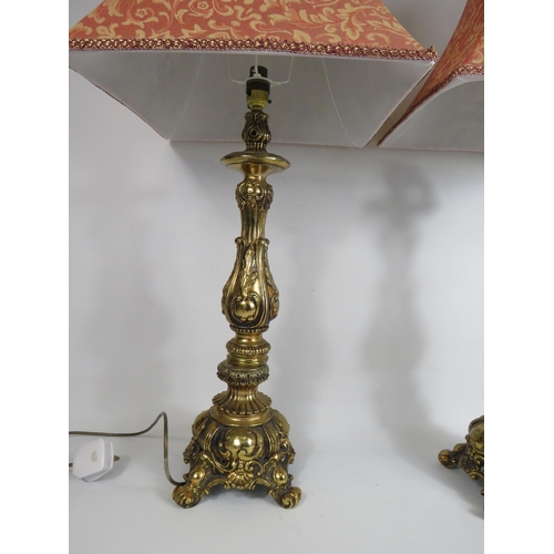 196 - Large Pair of Ornate brass table lamps with shades, 22.5