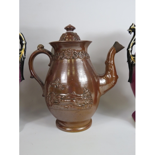 197 - Victorian salt glaze teapot and a pair of vintage continental transfer printed vases, the tallest st... 