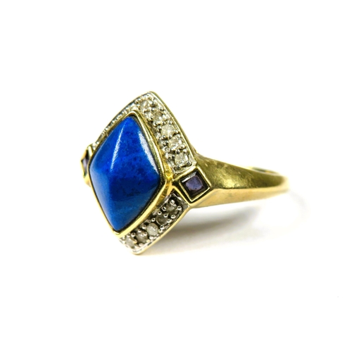 443 - 9ct Yellow Gold Ring in the Art Deco Style set with a Central lapis Lazuli with Diamonds surrounding... 