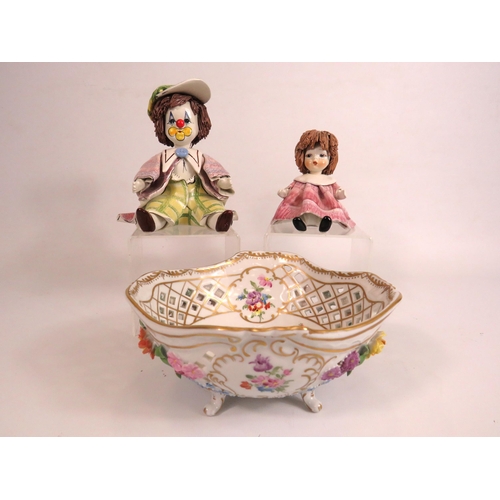 601 - A Dresden bowl with applied flowers and Two Zampiva Italian pottery figurines.