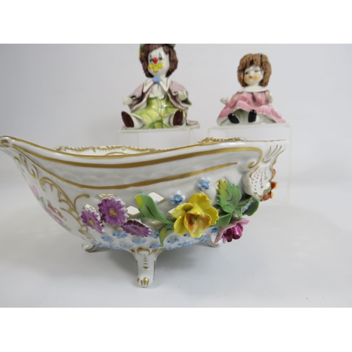 601 - A Dresden bowl with applied flowers and Two Zampiva Italian pottery figurines.