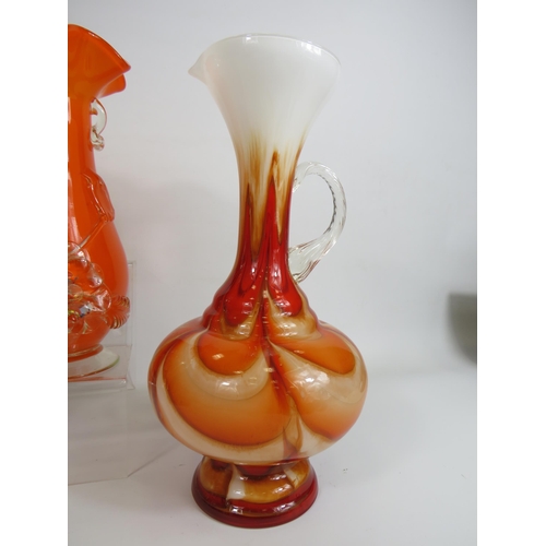 610 - Mid Century Carlo Moretti murano art glass jug, plus two other art glass vases and a art glass bag.