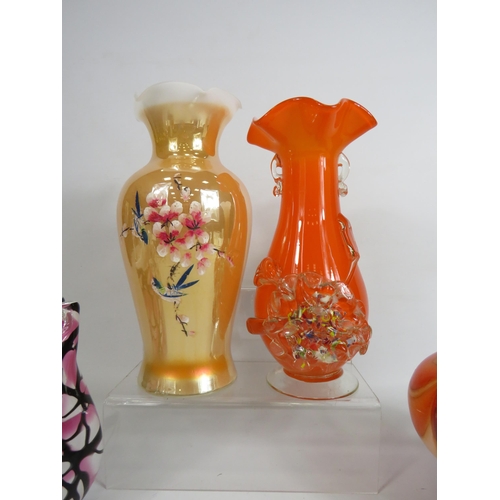 610 - Mid Century Carlo Moretti murano art glass jug, plus two other art glass vases and a art glass bag.