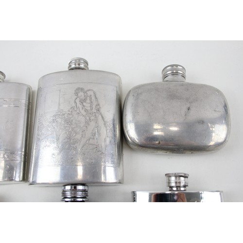 558 - 8 x Vintage Hip Flasks Inc James Dixon & Sons, Leather Bound, Bird Etched, Golf       681217