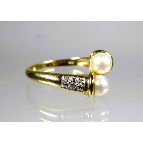 447 - Very Pretty  9ct yellow Gold ring set with twin pearls and Diamond set shoulders.  Finger size 'Q'  ... 