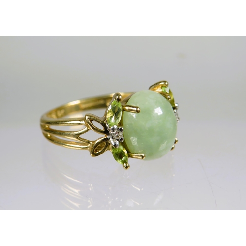 463 - 9ct Yellow Gold Ring set with an Oval Jade  (10 x 8mm) with Diamond and white Sapphire to each Shoul... 