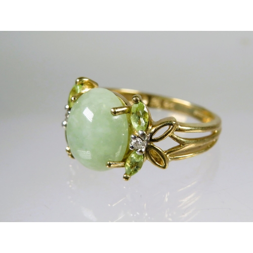 463 - 9ct Yellow Gold Ring set with an Oval Jade  (10 x 8mm) with Diamond and white Sapphire to each Shoul... 