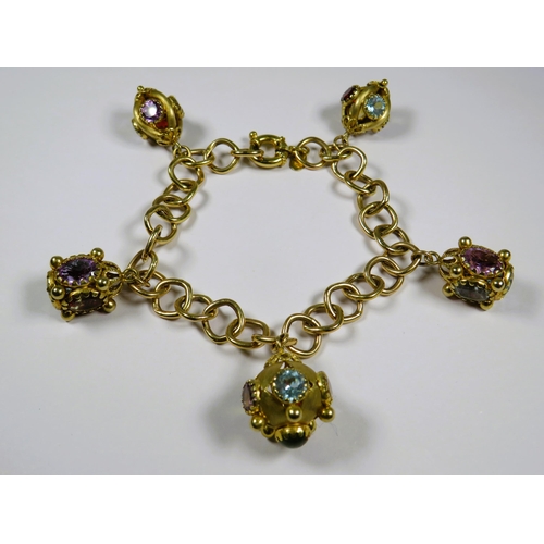 471 - 9ct Yellow Gold Dangle Bracelet, set with multiple Gemstones to include Amethyst, Citrene, Topaz, Qu... 