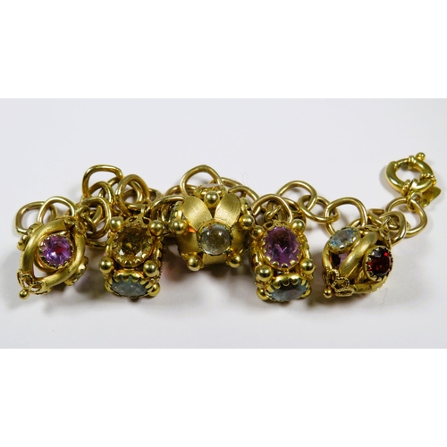 471 - 9ct Yellow Gold Dangle Bracelet, set with multiple Gemstones to include Amethyst, Citrene, Topaz, Qu... 