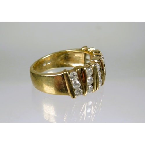 477 - 9ct Yellow Gold Ring set with 21 Melee Diamonds in Geometric patterns.  Finger size 'M'   5.0g