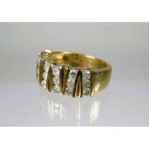 477 - 9ct Yellow Gold Ring set with 21 Melee Diamonds in Geometric patterns.  Finger size 'M'   5.0g