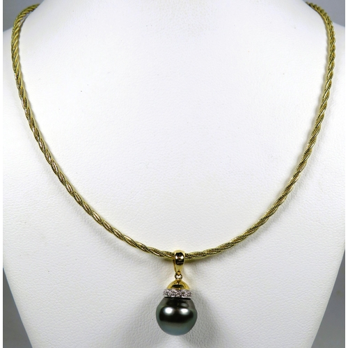 484 - 9ct Yellow Gold Pendant set with a Dusky 10mm Pearl and Diamond surround hung on an 18inch 9ct Twist... 