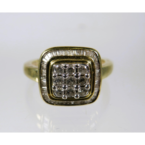 492 - 9ct Yellow Gold Ring set in an Art Deco style and set with nine circular Diamonds with Diamond Surro... 