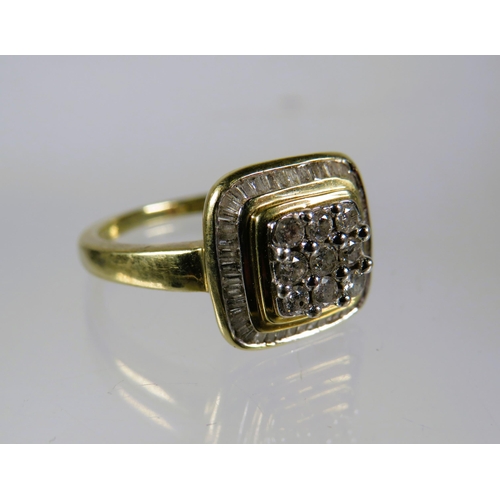 492 - 9ct Yellow Gold Ring set in an Art Deco style and set with nine circular Diamonds with Diamond Surro... 