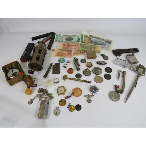 850 - Mixed collectables lot including lighter, medals, tokens, banknotes, pencils and some silver items.