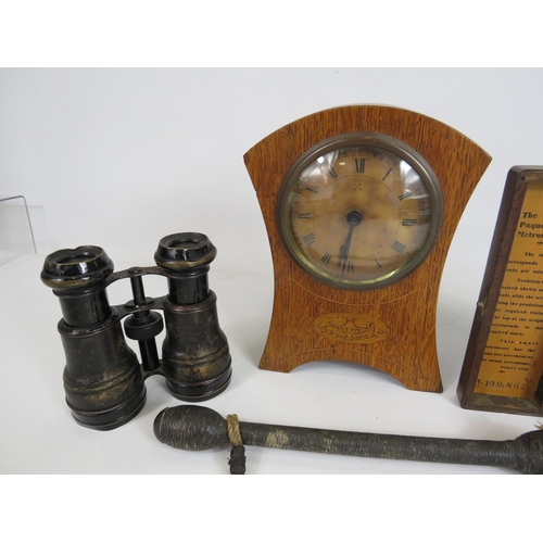 851 - Wooden mantle clock in working order, Paquet metronome, antique black jack cosh and vintage binocula... 